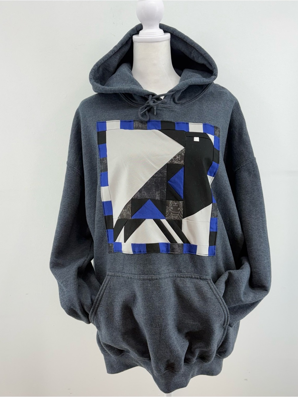 Upcycled Gildan Charcoal Hoodie with Blue, Black, Grey Crow Patch Extra Large